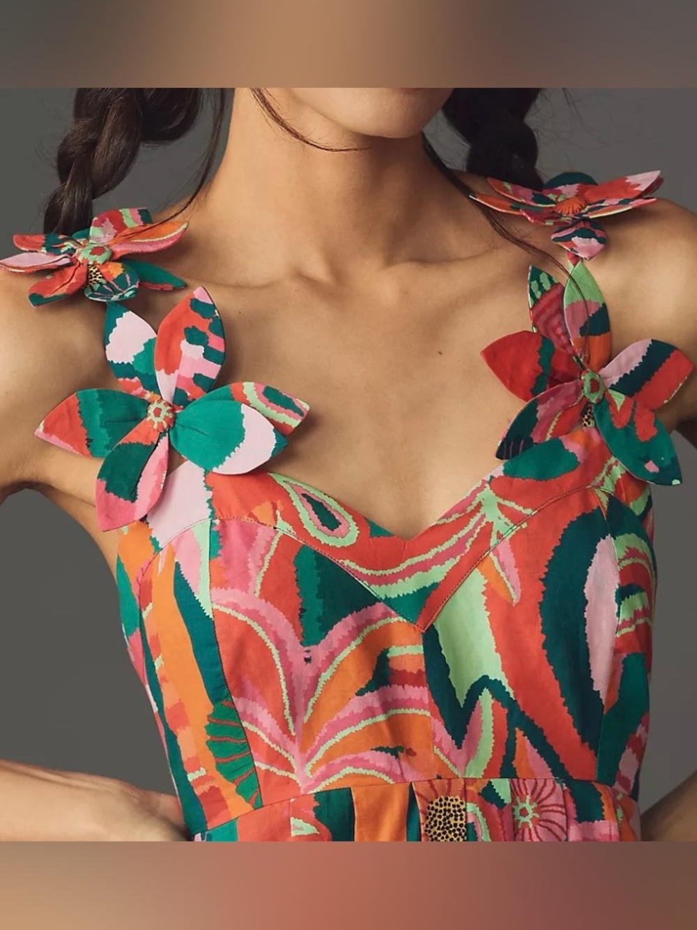 NWT Farm Rio Floral Appliqué Tropical Open Back Pleated Palm Midi Dress Size XS - Picture 4 of 10